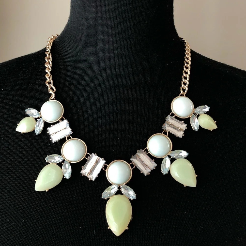 Gold Aqua Blue Baguette Crystal Statement Necklace